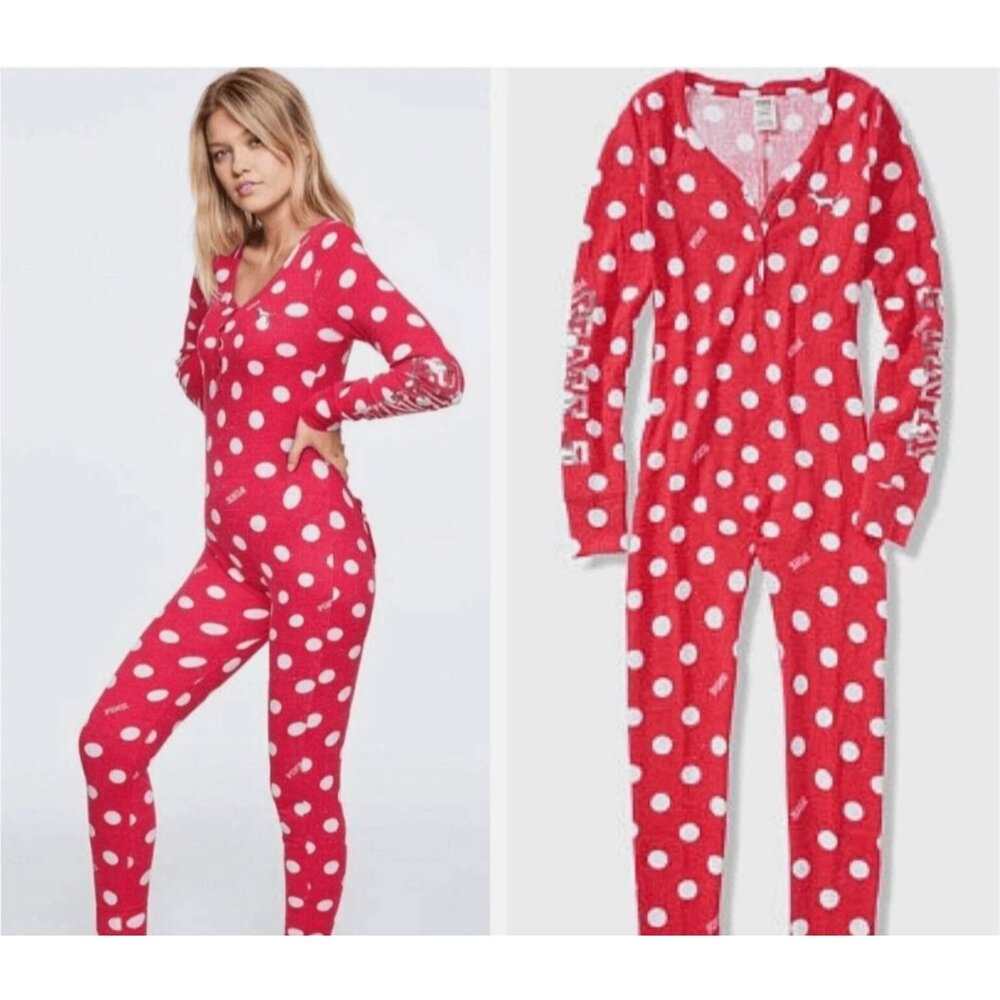 Victoria Secret Y2K 00s Polka Dot One Piece Pajama Medium Thermal Bling Sequins